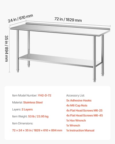 Image of VEVOR Stainless Steel Work Table, 24x72 Inch Food Prep Table with Backsplash, Commercial Kitchen Workstation with Adjustable Undershelf, Metal Heavy Duty Utility Worktable, for Restaurant Home Outdoor