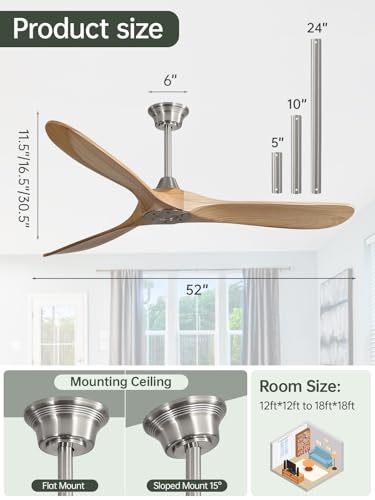 Image of Sofucor 60 Inch Wood Ceiling Fan No Light with Remote, Modern, 3 Blades