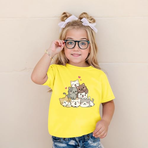 Image of KEEVICI Cute Cartoon Cat Shirts for Girls Kids Graphic Tees Kawaii Animal Pattern T Shirt Cotton Crewneck Summer Loose Tops
