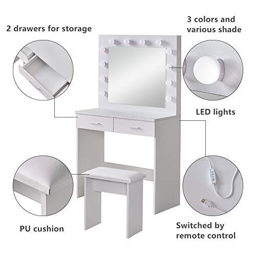 TUKAILAI witte kaptafelset met verstelbare ledlampen, spiegel, 2 grote laden en kruk - Image 5