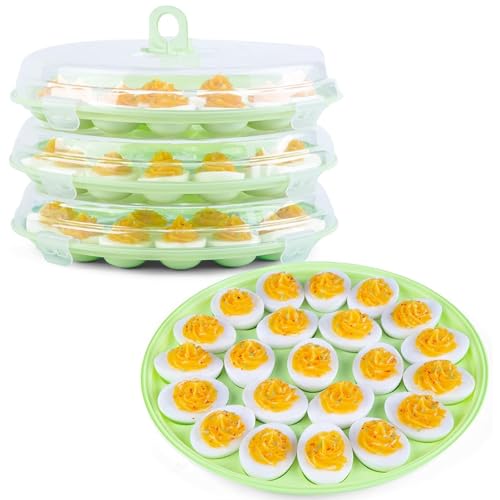HANSGO Deviled Egg Containers with Lid, 3PCS Deviled Egg Platter Carrier Holder Trays with 66 Slots for Party and Home Kitchen, Green