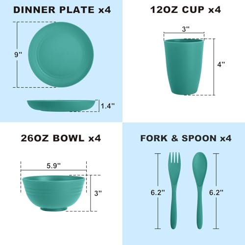 Image of Wheat Straw Dinnerware Sets for 4, 20 PCS Unbreakable Lightweight Kids Plates and Bowls Sets, Dishwasher Microwave Safe Dinnerware Set, Perfect for Kitchen Dorm Camping Outdoor - Green