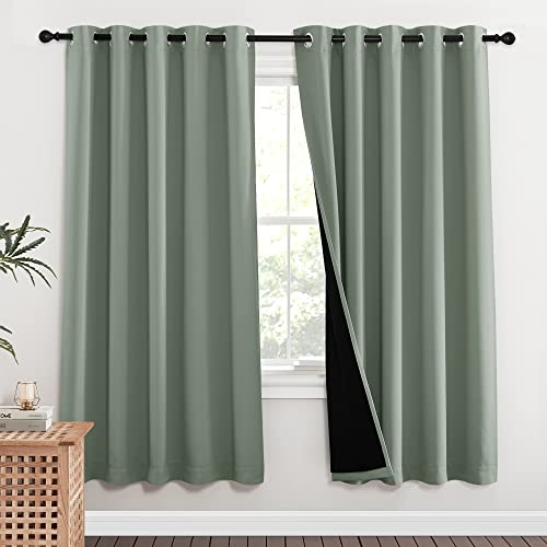 Image of NICETOWN 100% Blackout Window Curtain Panels, Full Light Blocking Drapes with Black Liner for Nursery, 72-inch Drop Thermal Insulated Draperies (Greyish Green, 2 Pieces, 62-inch Wide Per Panel)