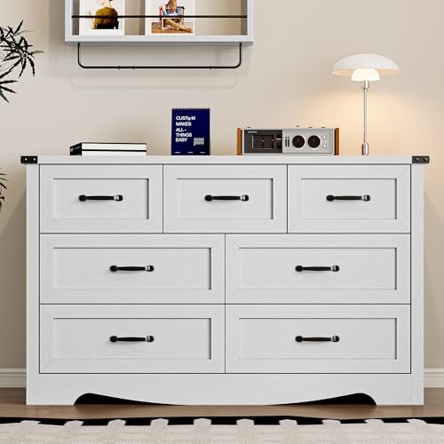 Image of BORNOON 7-Drawer Dresser for Bedroom, Modern Wooden Chest of Drawers with Metal Handles, Anti-Tipping Design, Sturdy and Stable Storage Organizer for Living Room, Entryway, Home Office
