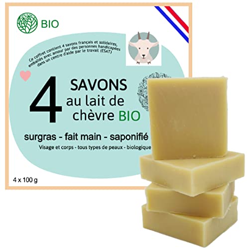 IZOË, Savon Lait de Chevre Solide BIO, Coffret 4 x 100g, pour un Teint de Pin Up, Peau Visage + Corps, Bébé, PH Neutre, Surgras, Traitement Efficace Anti Acne, Points Noirs, Psoriasis, Eczéma, Naturel