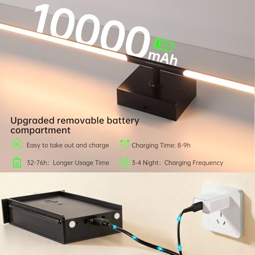 Image of Shenmoyl Battery Operated Wall Sconce Set of 2, 10000mAh Rechargeable Wall Sconces with Detachable Battery, Indoor 350Rotate Wall Lights for Bedroom Living Room, Black, 31.5 Inch