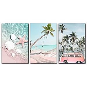 3 Stuk Roze Strand Palm Tree Canvas Schilderij Muur Art voor Woonkamer Meisjes Slaapkamer Badkamer Plant Foto’s Dorm…