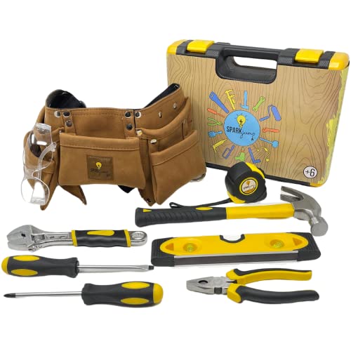 Sparkjump Deluxe Kids Tool Set | Real Kids Tools | Kids Tools Set For Boys | Includes Kids Leather Tool Belt And Kids Tool Box | Kids Real Tool Set | Beginner Tool Set For Kids | Kids Tool Kit #TOP5