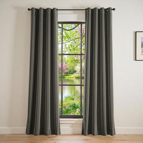 Image of Grey Velvet Curtains Modern Luxury Grommet 52x84 Inch 2 Panels | Soft, Room Darkening, For Bedroom & Living Space, Light Shifting Texture, Elegant Drape, Cozy Ambiance, Smooth Glide