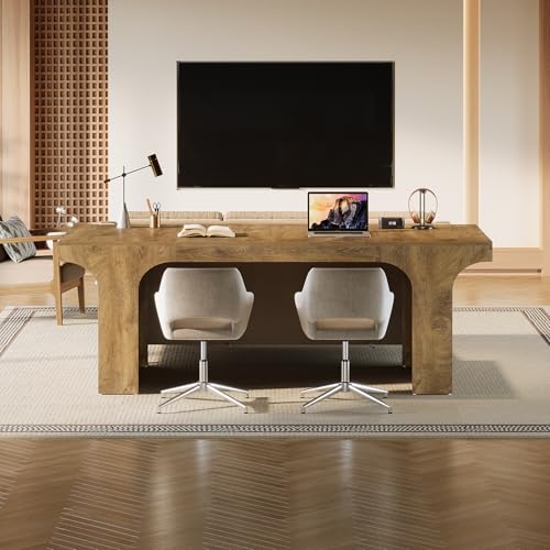 Image of Tribesigns 70.87 inch Executive Office Desk, Large Workspace Computer Desk, Modern Wooden Writing Table Simple Business Furniture with Arched Design for Home Office, Sturdy Room, Wood Grain