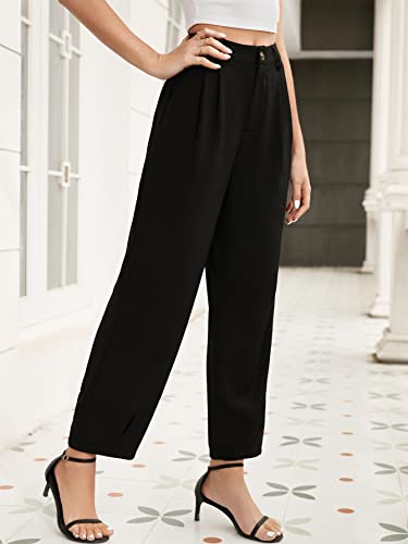 SweatyRocks Women's Casual High Waist Fold Pleated Straight Leg Trousers Work Pants with Pocket3