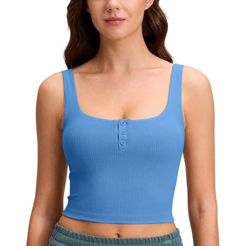 Image of CRZ YOGA Ribbed Henley Crop Tank Tops | Medium Support, Removable Pads, Casual, Square Back, Wide Straps, Longline Sports Bras for Women