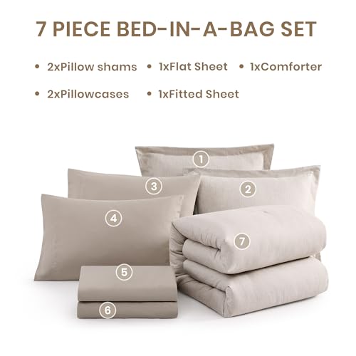 Monbix Queen Comforter Set - 7 Pieces Cationic Dyeing Oatmeal Beige Bed in a Bag Queen Bedding Sets with Comforter, Sheets, Pillowcases & Shams, Reversible Bedding Comforters Sets