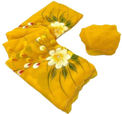 Image of Arkia Women's Yellow Hand Painted Floral Hand Embroidered Saree with White Flowers and Green Leaves