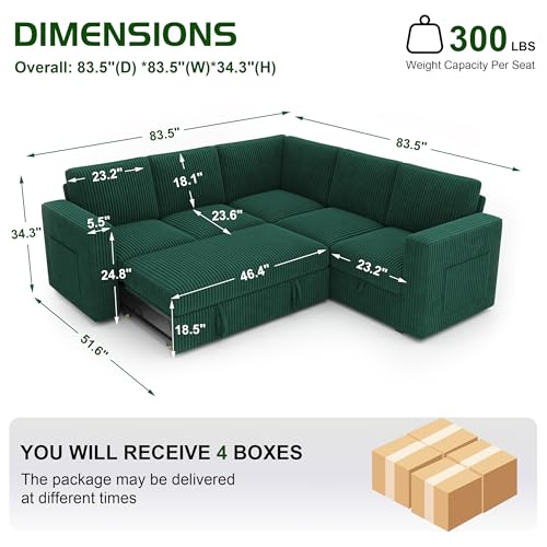 Image of 83.5 inch Corduroy Sectional Sleeper Sofa, Pull Out Couch with Storage, Green