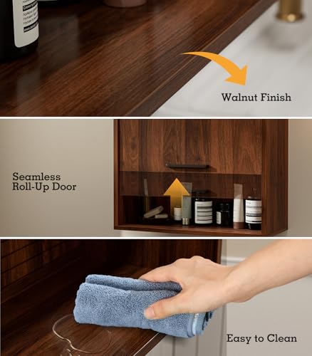 Image of ZttRiee Bathroom Wall Cabinet, Medicine Cabinet with Roll-Up Door & 3 Shelves, Over The Toilet Wall-Mounted Storage Cabinet, Walnut