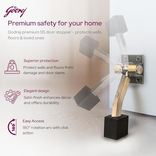 Image of Godrej Door Fittings | Door Stopper for Home with Rubber (Pack of 2, Antique Brass) | Rubber Stopper with Click Action | 180 Swing Control | Heavy Duty Stopper for Home, Office & Hotel