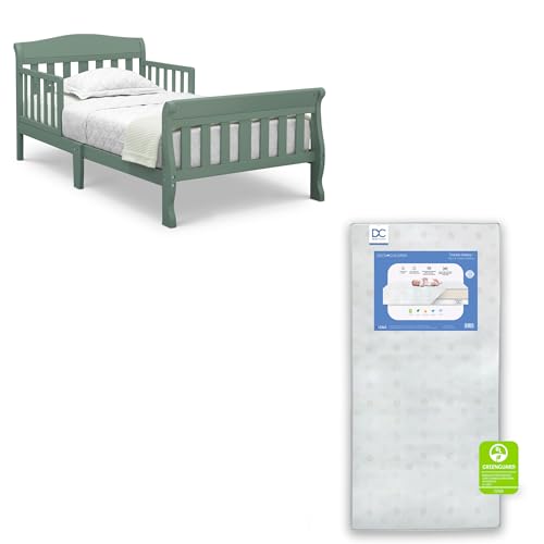 Delta Children Canton Toddler Bed, Sage + Delta Children Twinkle Galaxy Dual Sided Recycled Fiber Core Toddler Mattress (Bundle)