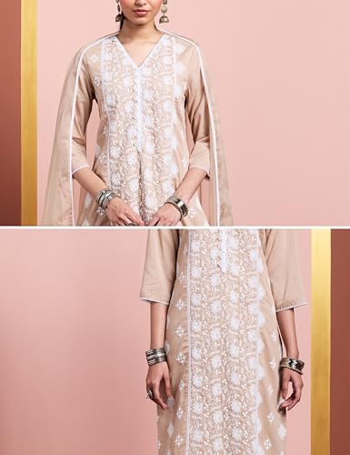 Image of Amazon Brand - Myx Women's Pure Cotton Embroidered Kurta Set with Dupatta (Available in Plus Sizes)