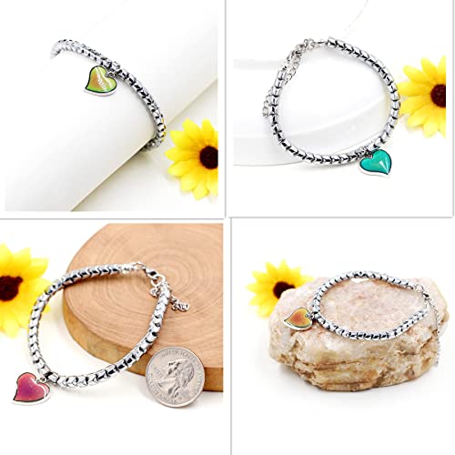 Image of A Pair of Gear-shape Hematite Bracelets with Color Changing Thermo Sensitive Mood Heart Charms, Couples Love Heart Bangles Gifts