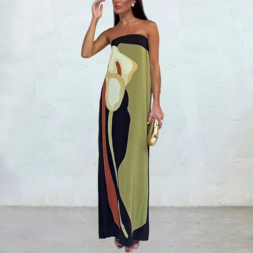 Image of Women Y2k Strapless Maxi Dress Summer Backless Floral Long Tube Dress Off Shoulder Cocktail Party Dress