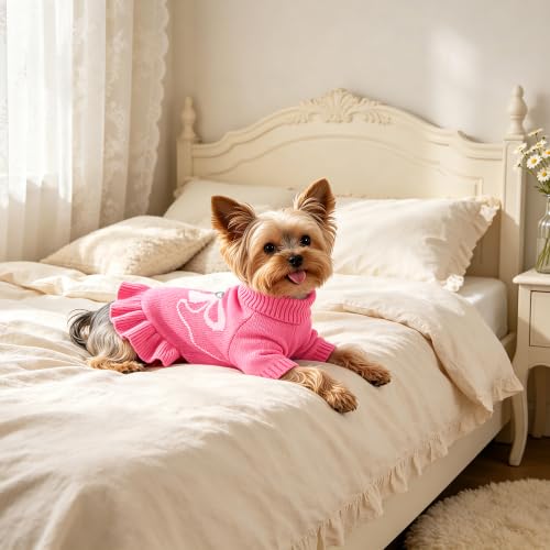 Image of YUDODO Bowknot Dog Sweater Dress for Small Dogs Girl, Stretchy Pet Clothes