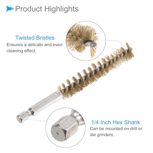Image of Bore Brush, 12mm Dia 75mm Length, Brass Twisted Cleaning Wire Brushes with 1 /4 inch Hex Shank - (Applications: for Power Drill), 2-Pieces