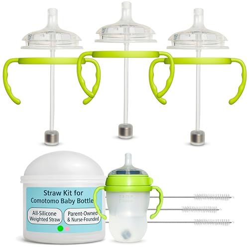 Image of Straw Cup Conversion Kit for Comotomo Baby Bottles 3-Count, Soft Food Grade Silicone Straw Spout Nipples, All Silicone Weighted Straw, Green Bottle Handles and Cleaning Brush, BPA Free, 6+ Months