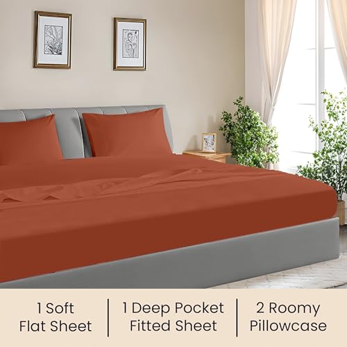Image of SGI bedding 120 inch W x 80 inch L 4Pc Family King Sheet Set 100% Egyptian Cotton - 600 Thread Count, Fits 12 inch Deep Pocket - Soft Breathable Oversized Sheets, for Extra Large Beds - Terracotta