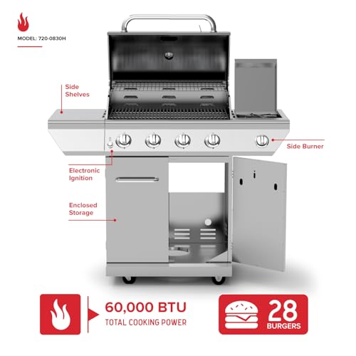 Image of Nexgrill 4-Burner Propane Gas Grill in Stainless Steel with Side Burner, 60000BTUs, 626 sq. in. Cooking Space, Perfect for Outdoor Cooking & Grilling, Patios, BBQ, Backyards, Silver, 720-0830H