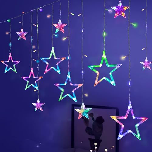 Star Curtain Lights for Bedroom - Plug-in 9ft 138 LED Fairy Twinkle Lights with 12 Star Drops, Connectable Window Lights with Remote 8 Lighting Modes for Indoor Xmas Ramadan Decoration, Multicolored Star Curtain Lights for Bedroom - Plug-in 9ft 138 LED Fairy Twinkle Lights with 12 Star Drops, Connectable Window Lights with Remote 8 Lighting Modes for Indoor Xmas Ramadan Decoration, Multicolored