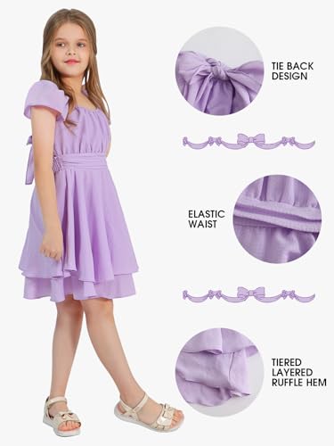 Exlura Casual Short Cap Sleeve Girls Tie Back A Line Ruffle Hem Junior Teenage Kids Short Mini Dress Size 6-15 Years Purple thumb #4