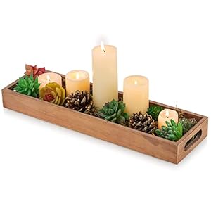 Hanobe Rectangular Long Narrow Tray Rustic Wooden Decorative Serving Centerpiece Decor Rectangle with Cutout Handles Candle Holder Trays for Home Coffee Table Living Room BathroomLight Brown