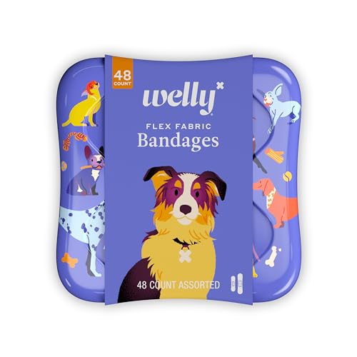 Image of Welly Bandages | Adhesive Flexible Fabric Bravery Badges | Assorted Shapes for Minor Cuts, Scrapes, and Wounds | Colorful and Fun First Aid Tin | Dogs Patterns - 48 Count
