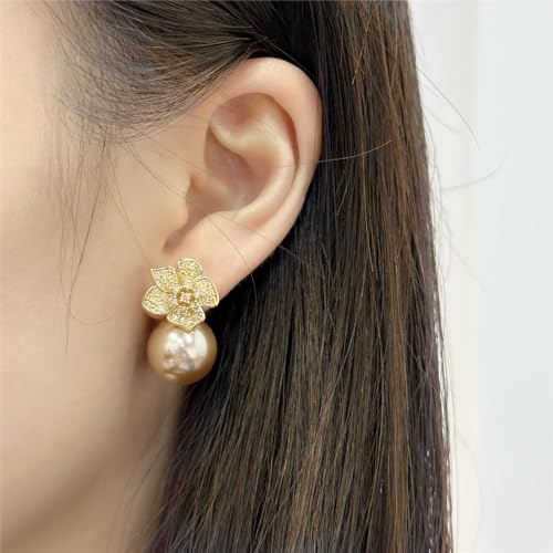 Dtja Rhinestone Flower Shell Pearl Stud Earrings For Women Girls Gold Plated 925 Sterling Silver Post Pin Crystal Blossom Camellia Studs Hypoallergenic Elegant Birthday Valentine Wedding Jewelry Gifts thumb #3