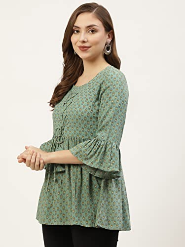 Image of Hisham Women's Stylish Rayon Printed Flared Top for Women | Trendy and Comfortable Green