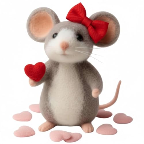 Image of Christmas Felt Mouse Ornaments, Handmade Wool Felt Mouse Figurine with Heart and Flower, Cute Needle Felted Animal Decor for Tree, Shelf, Desk, Romantic (Style B)
