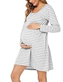 Uniexcosm Camisón Maternidad Lactancia, Camison Embarazada Larga Camison Premamá Raya Ropa de Dormir de Lactancia Hospital Camisón con Cuello en V para Hogar Gris XXL