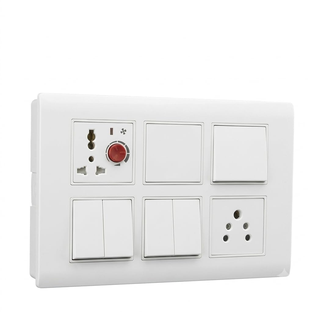 Electrical Wall Board with Box, White, Modular Switch Plate, Open or Underground Fitting, with Fan Regulator and Socket-image-3