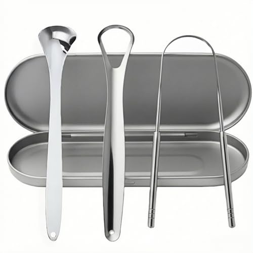 Stainless Steel Tongue Scraper Set, 3 Pack with Metal Travel Case...