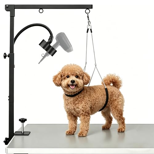 Image of Pindex Dog Grooming Table Arm with Clamp, 29" – 41" Foldable Pet Grooming Arm with Dryer Holder, No Sit Haunch Holder for Small Medium Dogs
