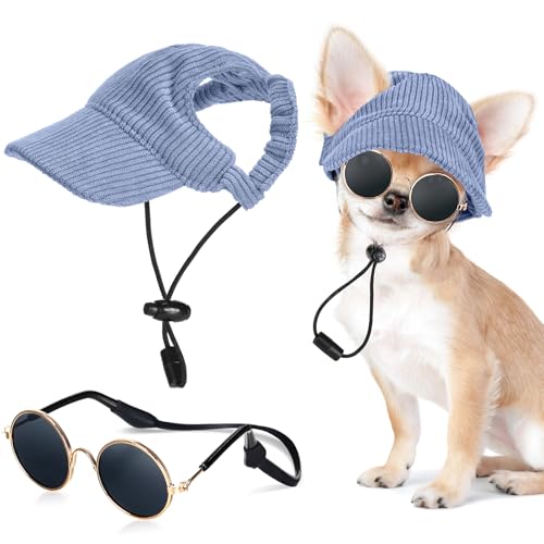Jadive Small Dog Sun Hat with Ear Holes, Dog Cat Sunglasses with Anti-Slip Silicone Rope Baseball Cap Adjustable Puppy Sunbonnet Headdress Beach Visor Hat for Puppies Summer Outdoor(Blue)
