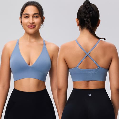Image of Evercute Women's Sports Bras 3 /4 Pack Adjustable Deep V Neck Bras Wireless Spaghetti Strap Criss Cross Padded Low Support Bra