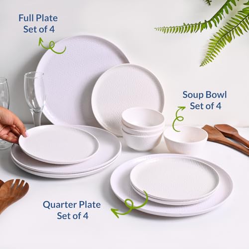 Image of Market99 Heavy-Duty White Hammered Melamine Dinner Set - 12 Pcs | Includes 4 Dinner Plates, 4 Side Plates & 4 Soup Bowls | Matte Finish Tableware for Daily Dining, Home Kitchen & Modern Meal Setup