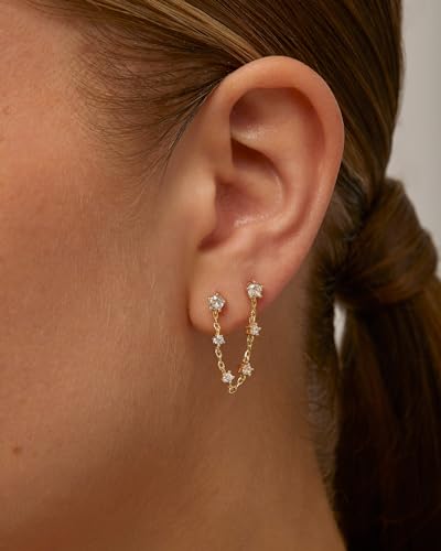 PAVOI 14K Gold Plated Delicate CZ Chain Earrings for Women - Double Piercing Dangle Chain Studs - Cubic Zirconia Earscapes2