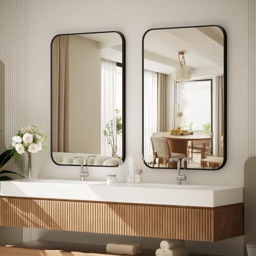 BEAUTYPEAK 20" x 28" Rectangular Aluminum Alloy Frame Wall Mounted Bathroom Mirror with Rounded Corners, Black - Image 6