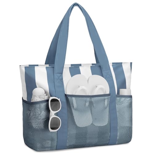 VASCHY Beach Bag for Women, Foldable Waterproof Sandproof Beach Tote with Zipper/Mesh Pockets for Vocation/Cruise/Gym/Travel