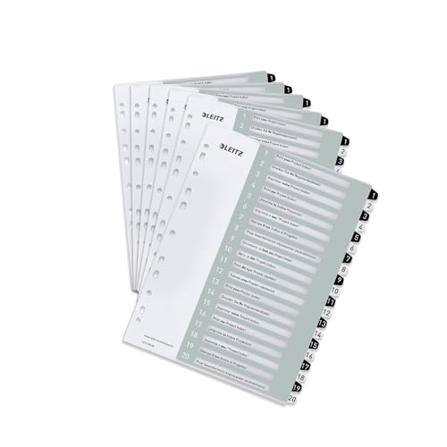 Leitz Register für A4, 6er Pack, PC-beschriftbares Deckblatt und 20 Trennblätter, Taben mit Zahlenaufdruck 1-20, Überbreite, Weiß/Schwarz, Polypropylen, WOW, 12170000