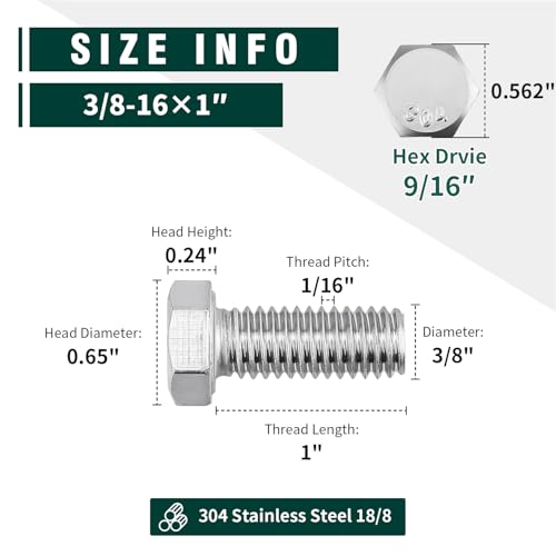 Image of (8 Sets) 3 /8-16 x 1 Hex Bolt and Nut Kit, 304 Stainless Steel (18-8), Fully Threaded, Flat & Lock Washers Included