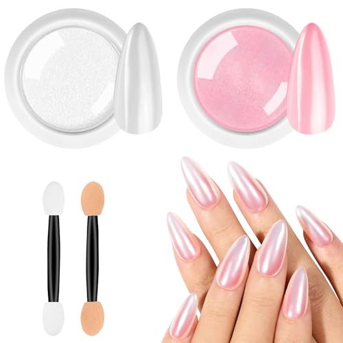 BUTBU Chrome Ongle Nacrée, 2Pcs Poudre Chrome Rose or Blanc, Poudre ongle Effet Perle Glitzerpuder, poudre de Paillettes Aurora Transparente, pour Glazed Donut Nails,...